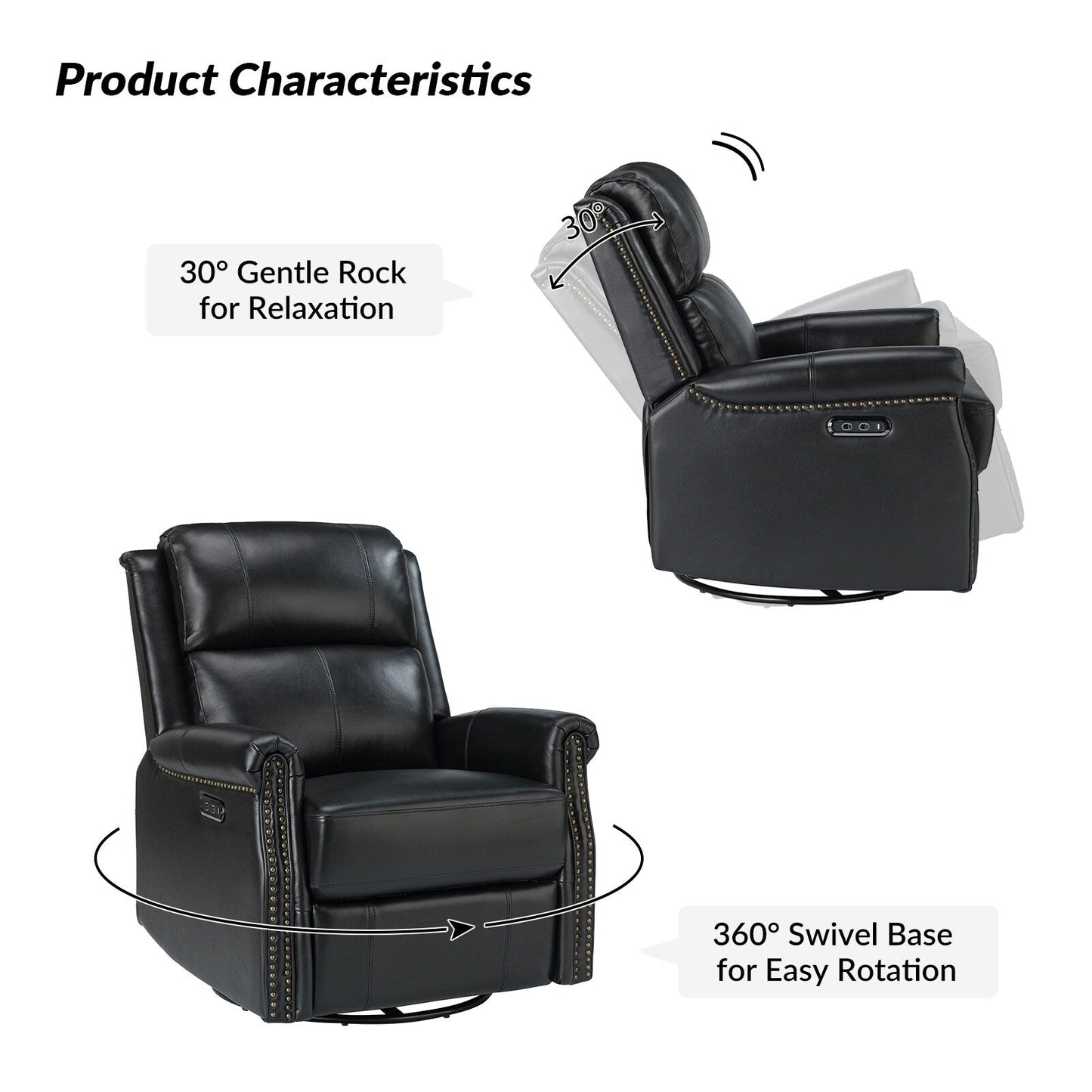 Fauteuil inclinable pivotant traditionnel Renato en cuir véritable avec base en métal, lot de 2 par HULALA HOME