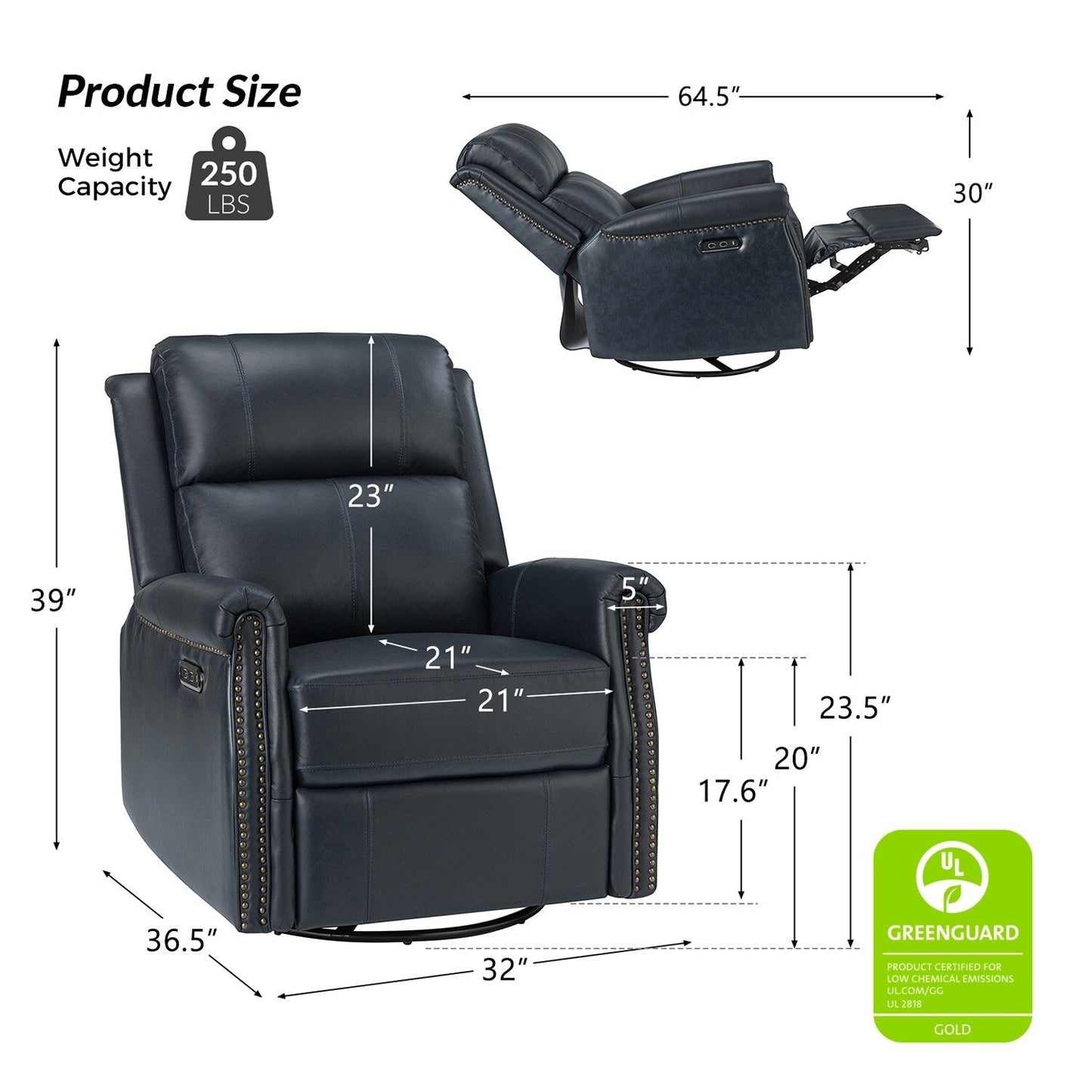 Fauteuil inclinable pivotant traditionnel Renato en cuir véritable avec base en métal, lot de 2 par HULALA HOME