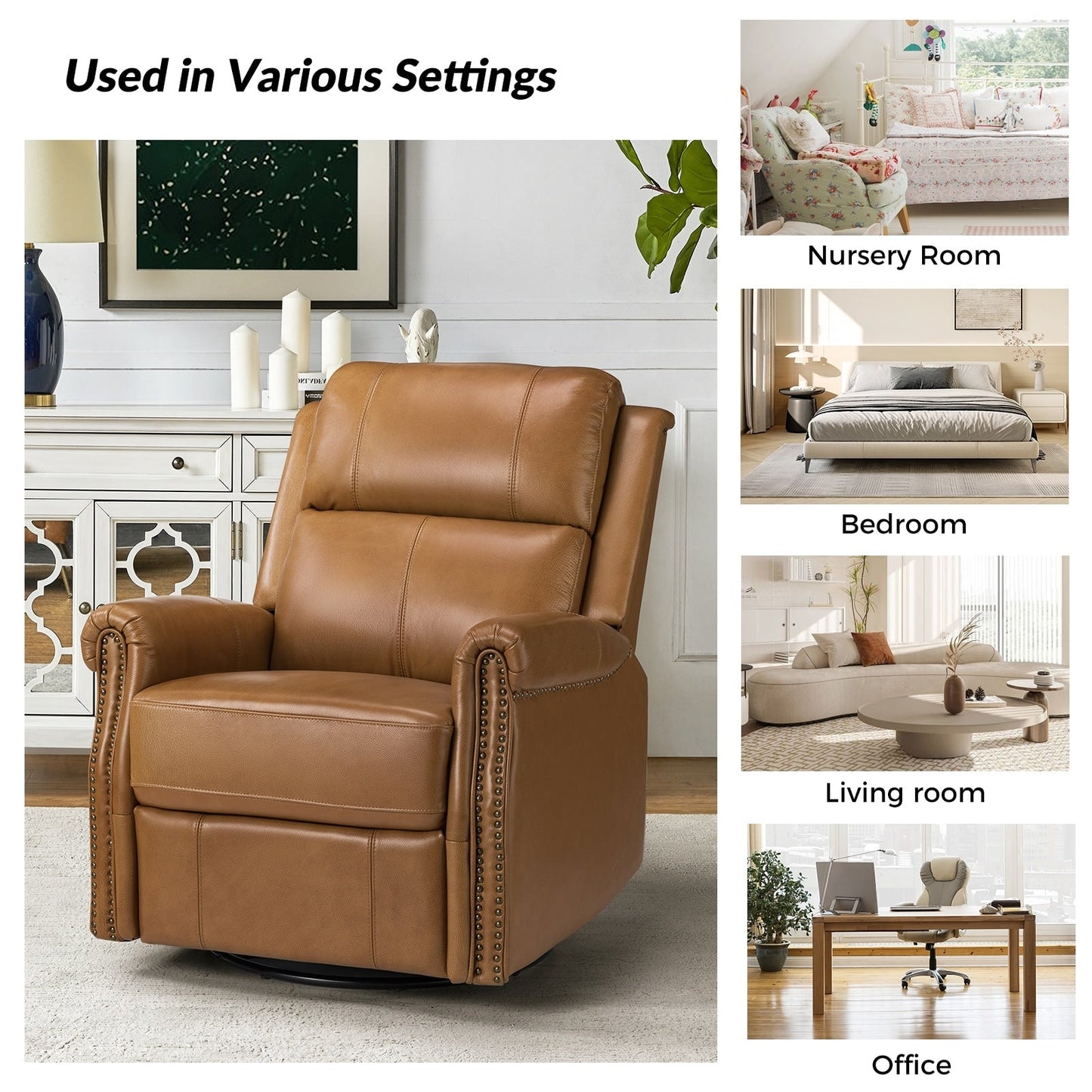 Fauteuil inclinable pivotant traditionnel Renato en cuir véritable avec base en métal, lot de 2 par HULALA HOME