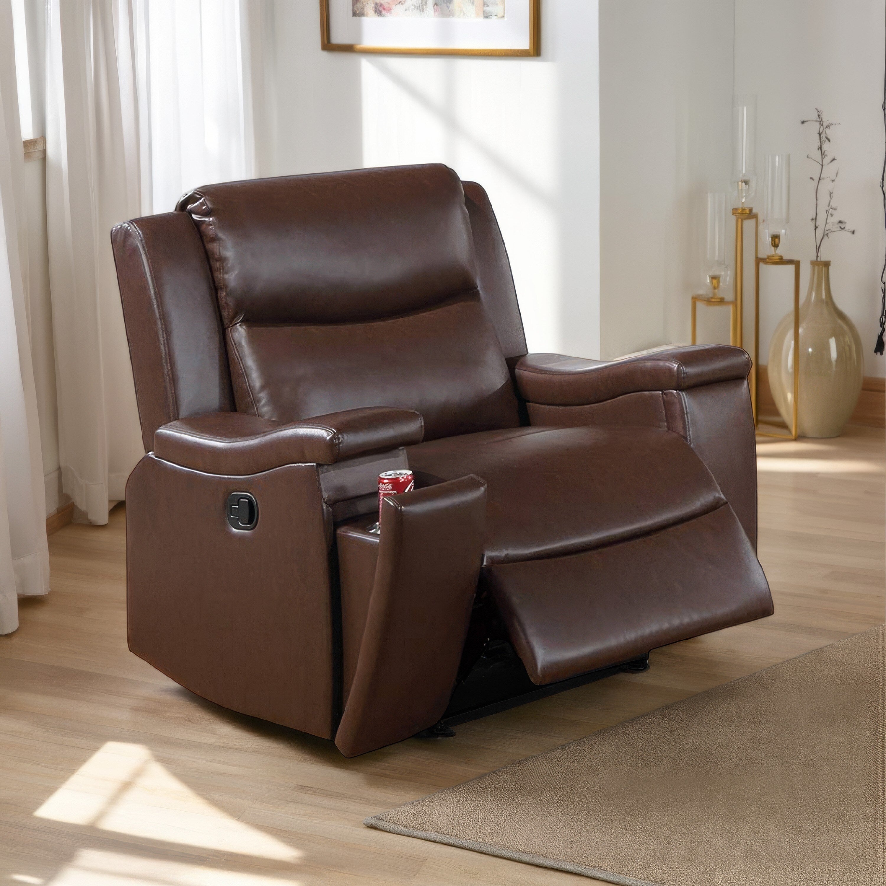 Fauteuil inclinable manuel Renna avec porte-gobelet, similicuir marron camel