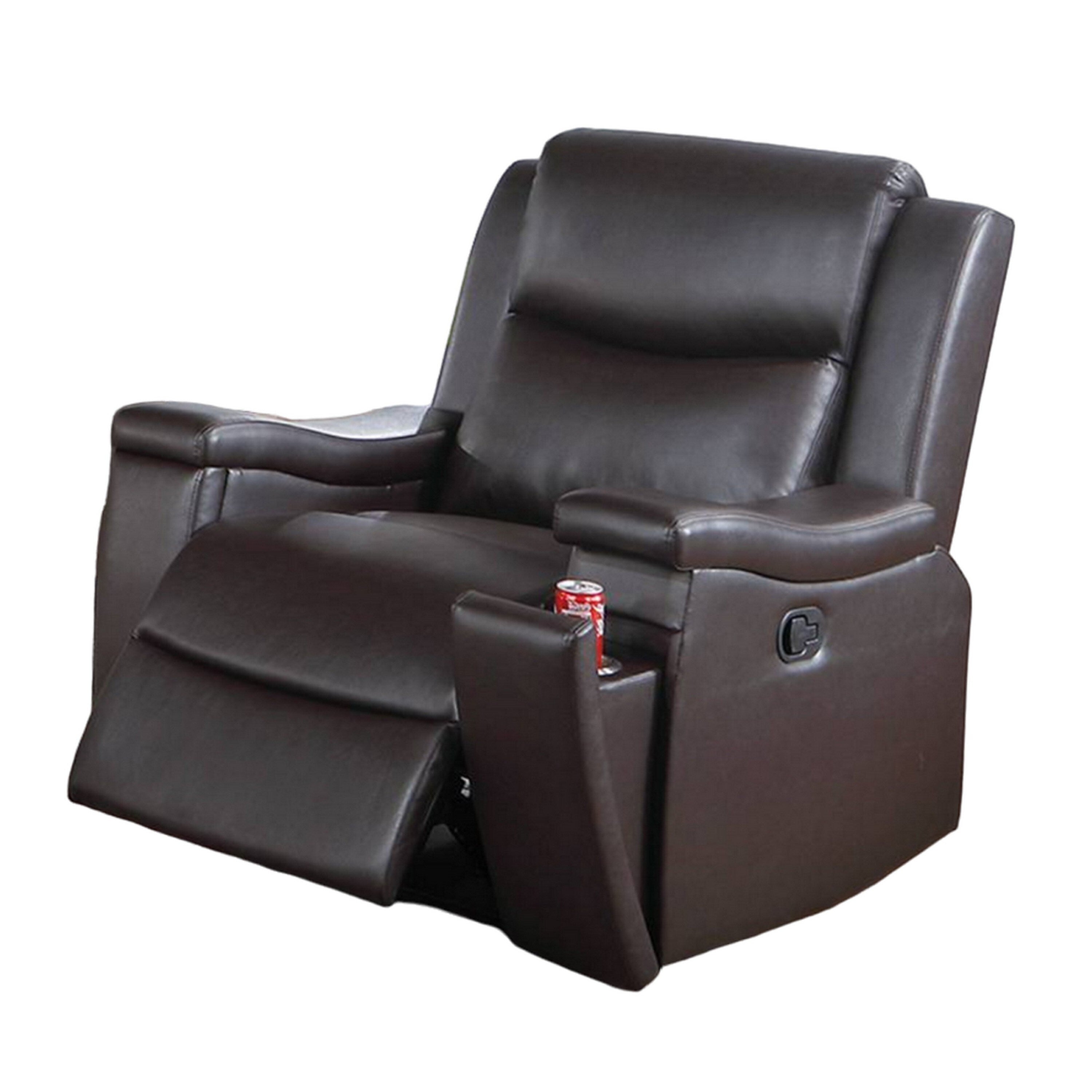 Fauteuil inclinable manuel Renna, porte-gobelet, bois massif, similicuir marron