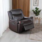 Fauteuil inclinable manuel Renna, porte-gobelet, bois massif, similicuir marron