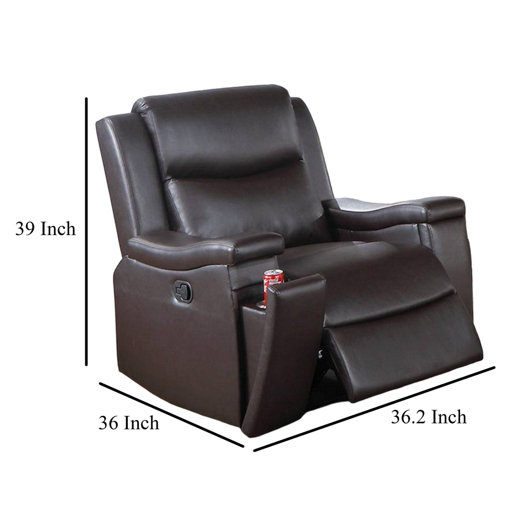 Fauteuil inclinable manuel Renna, porte-gobelet, bois massif, similicuir marron