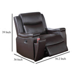 Fauteuil inclinable manuel Renna, porte-gobelet, bois massif, similicuir marron