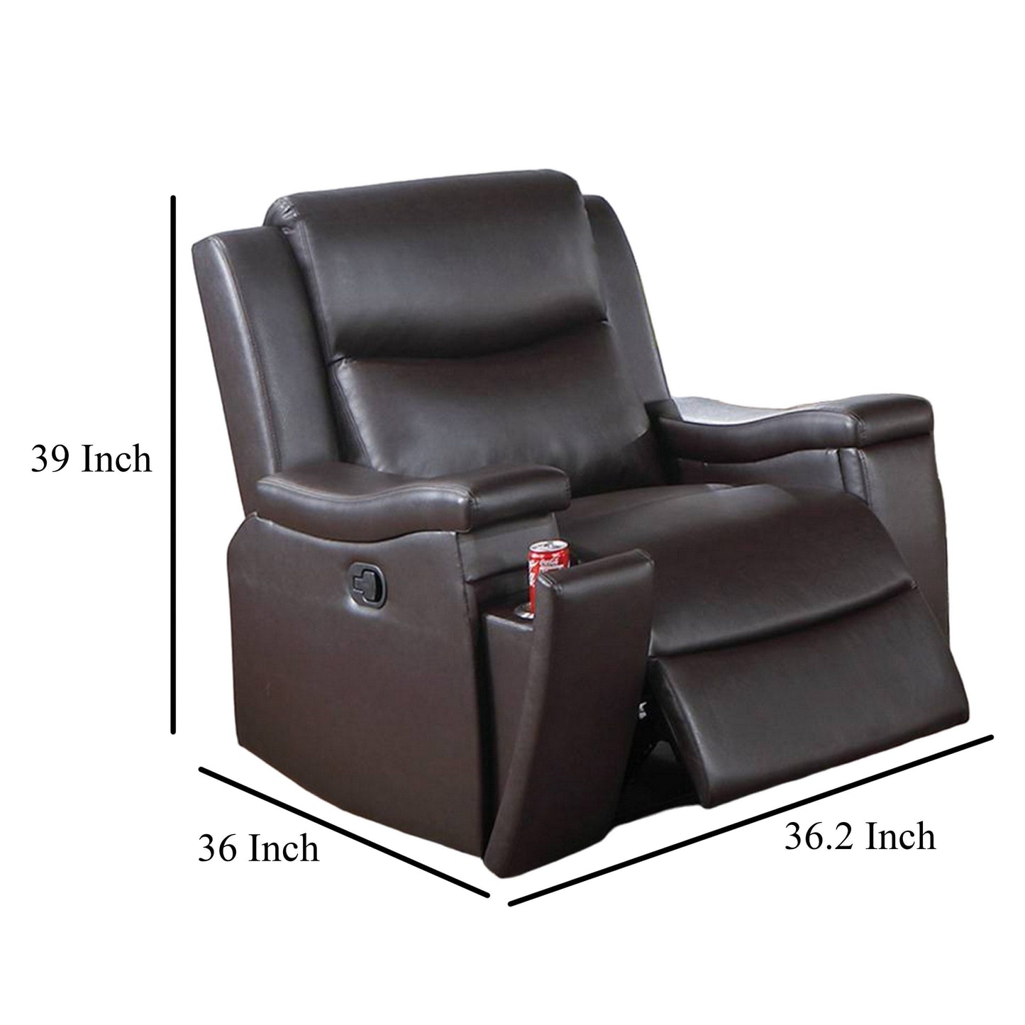 Fauteuil inclinable manuel Renna, porte-gobelet, bois massif, similicuir marron