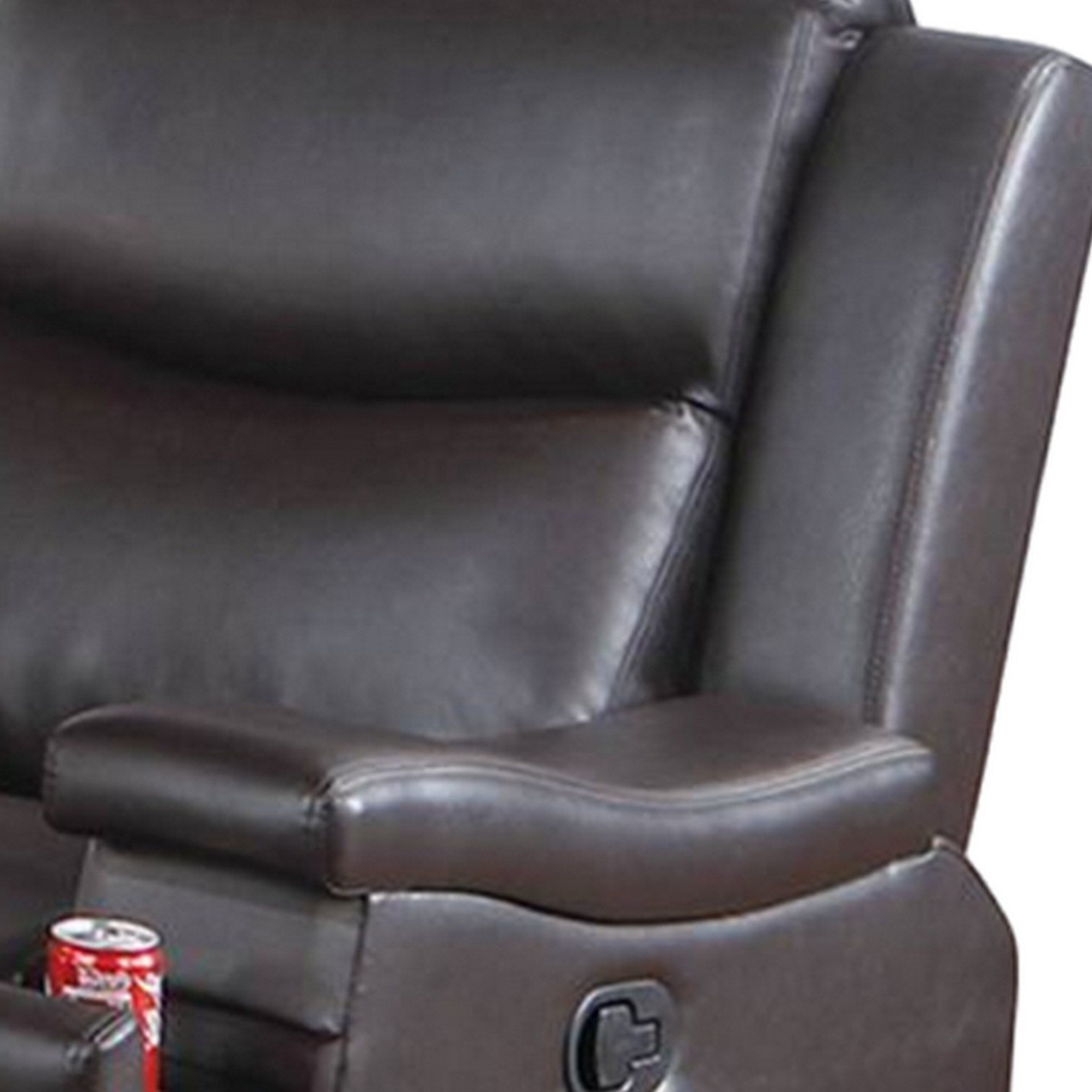 Fauteuil inclinable manuel Renna, porte-gobelet, bois massif, similicuir marron