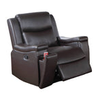 Fauteuil inclinable manuel Renna, porte-gobelet, bois massif, similicuir marron