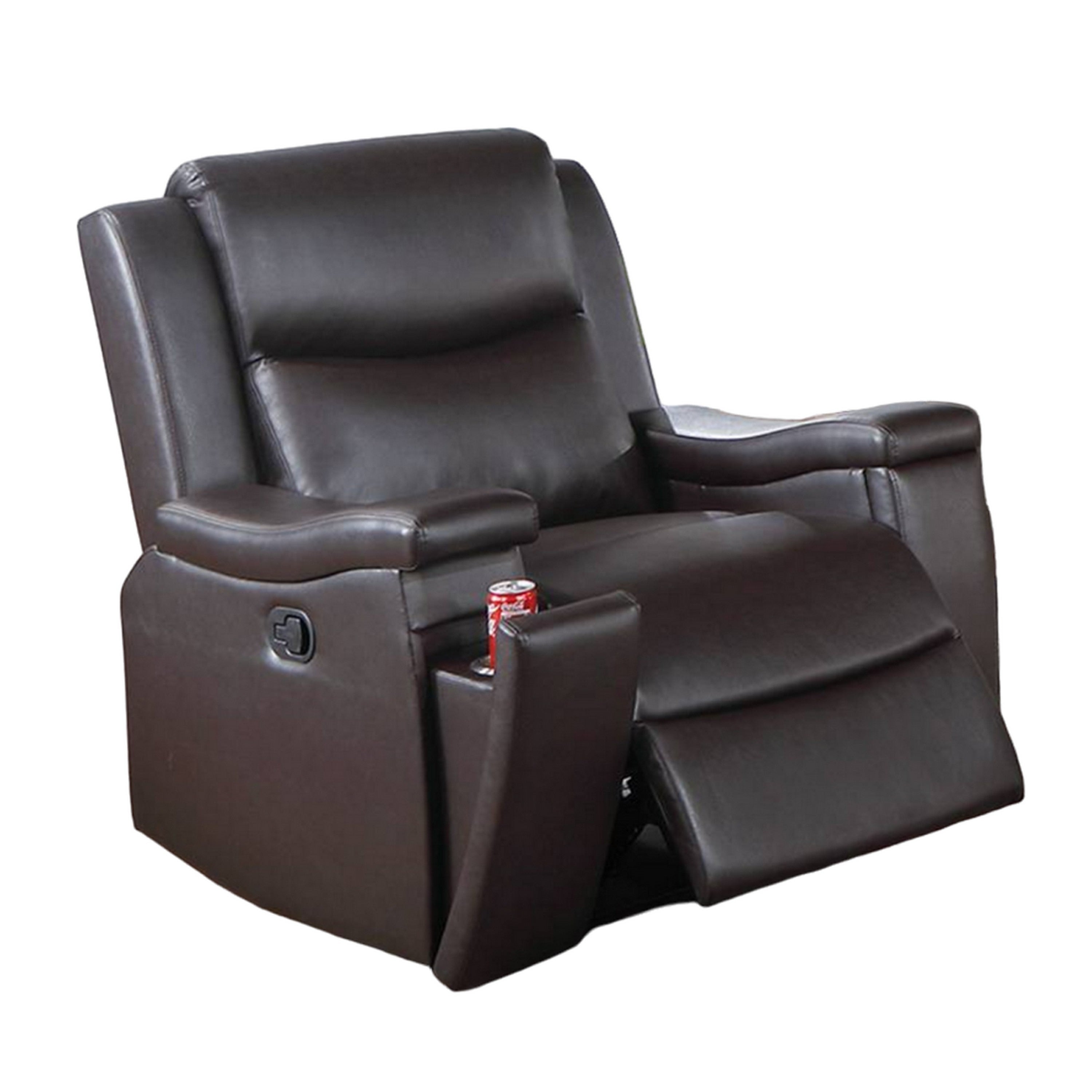 Fauteuil inclinable manuel Renna, porte-gobelet, bois massif, similicuir marron