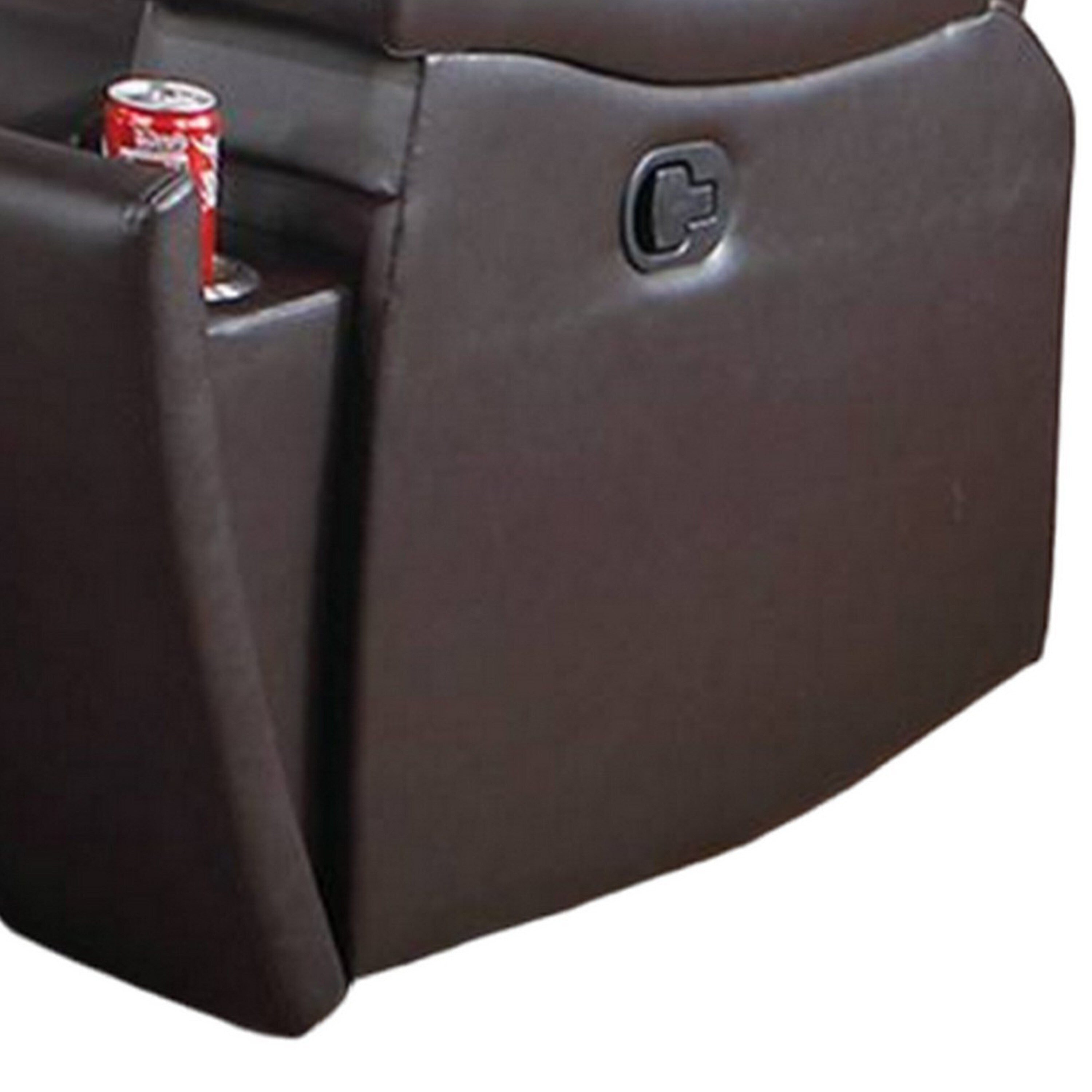 Fauteuil inclinable manuel Renna, porte-gobelet, bois massif, similicuir marron