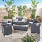 Ensemble de salon de jardin Rensing 7 places en osier imprimé avec foyer et support de réservoir par Christopher Knight Home