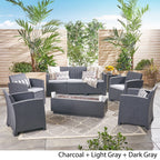 Ensemble de salon de jardin Rensing 7 places en osier imprimé avec foyer et support de réservoir par Christopher Knight Home