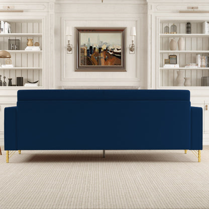 Canapé 3 places en velours bleu rétro moderne 85,63 avec touches dorées et coussins moelleux pour le salon