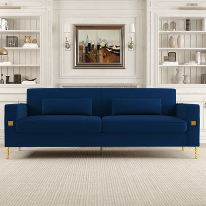 Canapé 3 places en velours bleu rétro moderne 85,63 avec touches dorées et coussins moelleux pour le salon