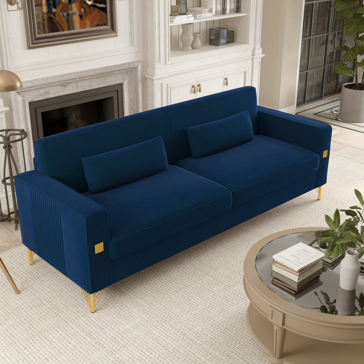 Canapé 3 places en velours bleu rétro moderne 85,63 avec touches dorées et coussins moelleux pour le salon