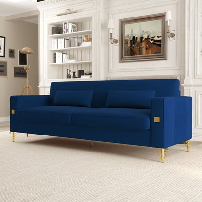Canapé 3 places en velours bleu rétro moderne 85,63 avec touches dorées et coussins moelleux pour le salon