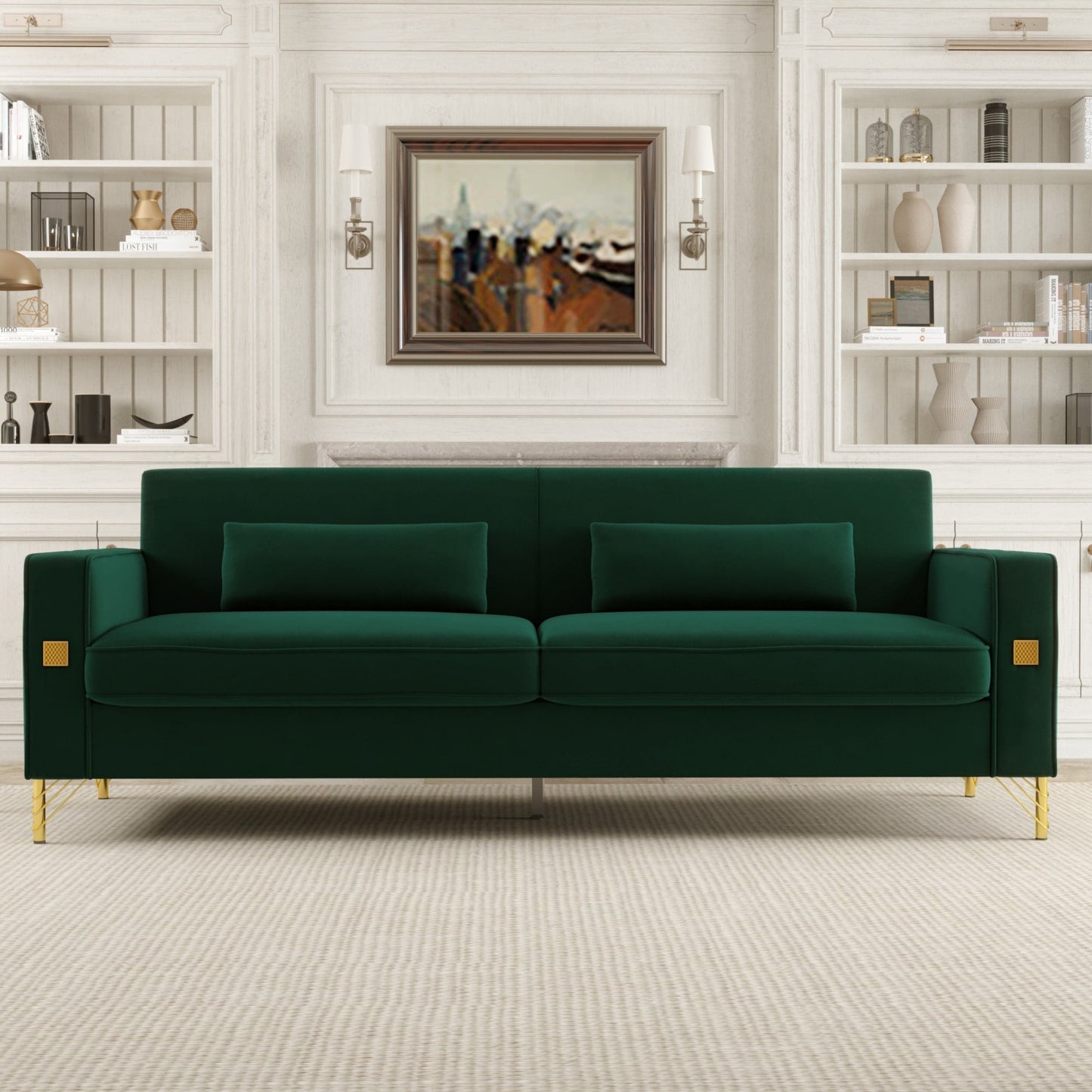 Canapé 3 places en velours vert rétro moderne 85,63 avec touches dorées et coussins moelleux pour le salon
