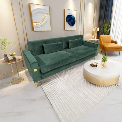 Canapé 3 places en velours vert rétro moderne 85,63 avec touches dorées et coussins moelleux pour le salon
