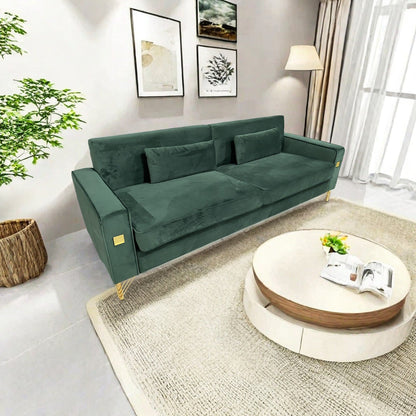 Canapé 3 places en velours vert rétro moderne 85,63 avec touches dorées et coussins moelleux pour le salon