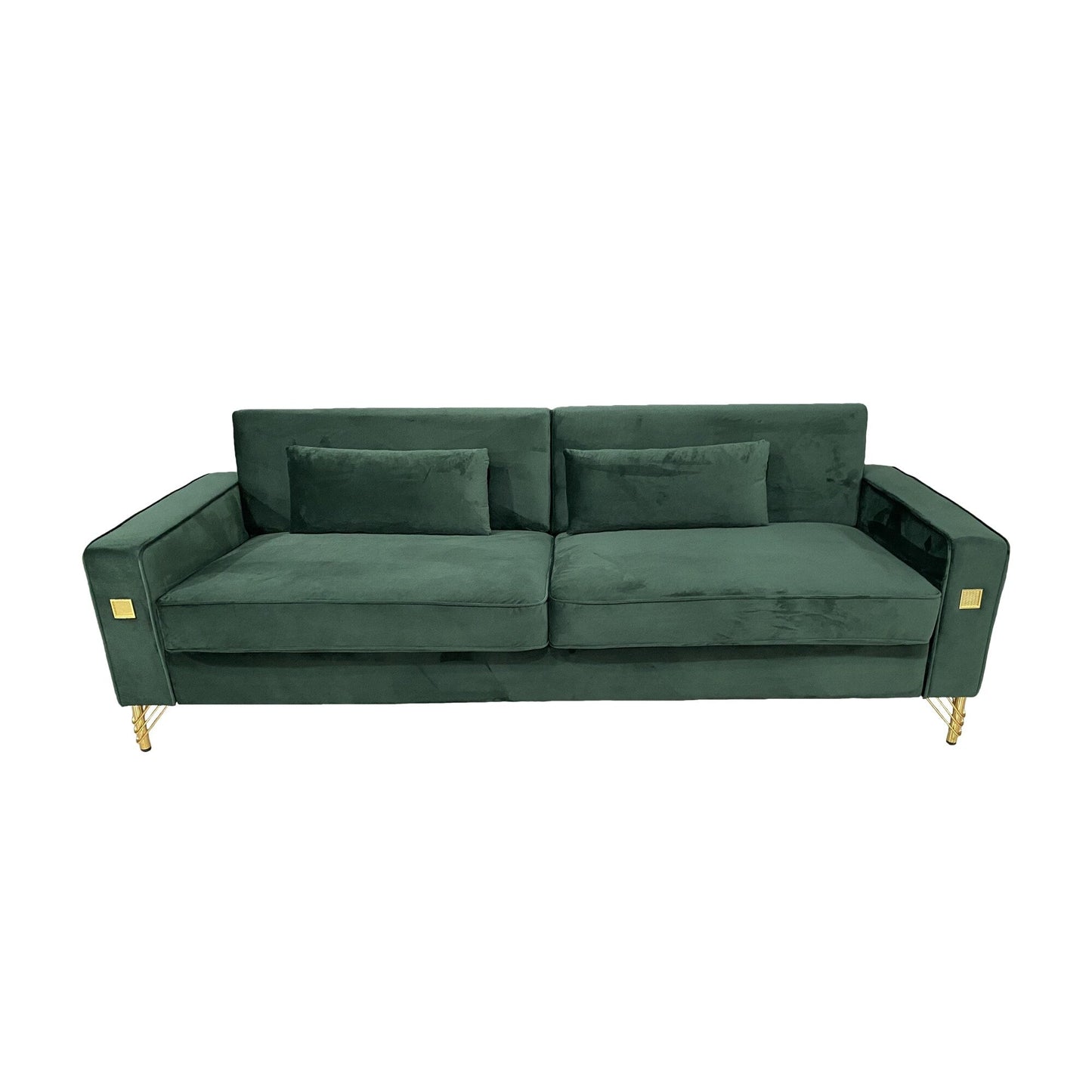 Canapé 3 places en velours vert rétro moderne 85,63 avec touches dorées et coussins moelleux pour le salon