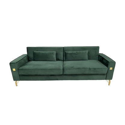 Canapé 3 places en velours vert rétro moderne 85,63 avec touches dorées et coussins moelleux pour le salon