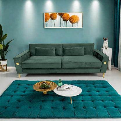 Canapé 3 places en velours vert rétro moderne 85,63 avec touches dorées et coussins moelleux pour le salon