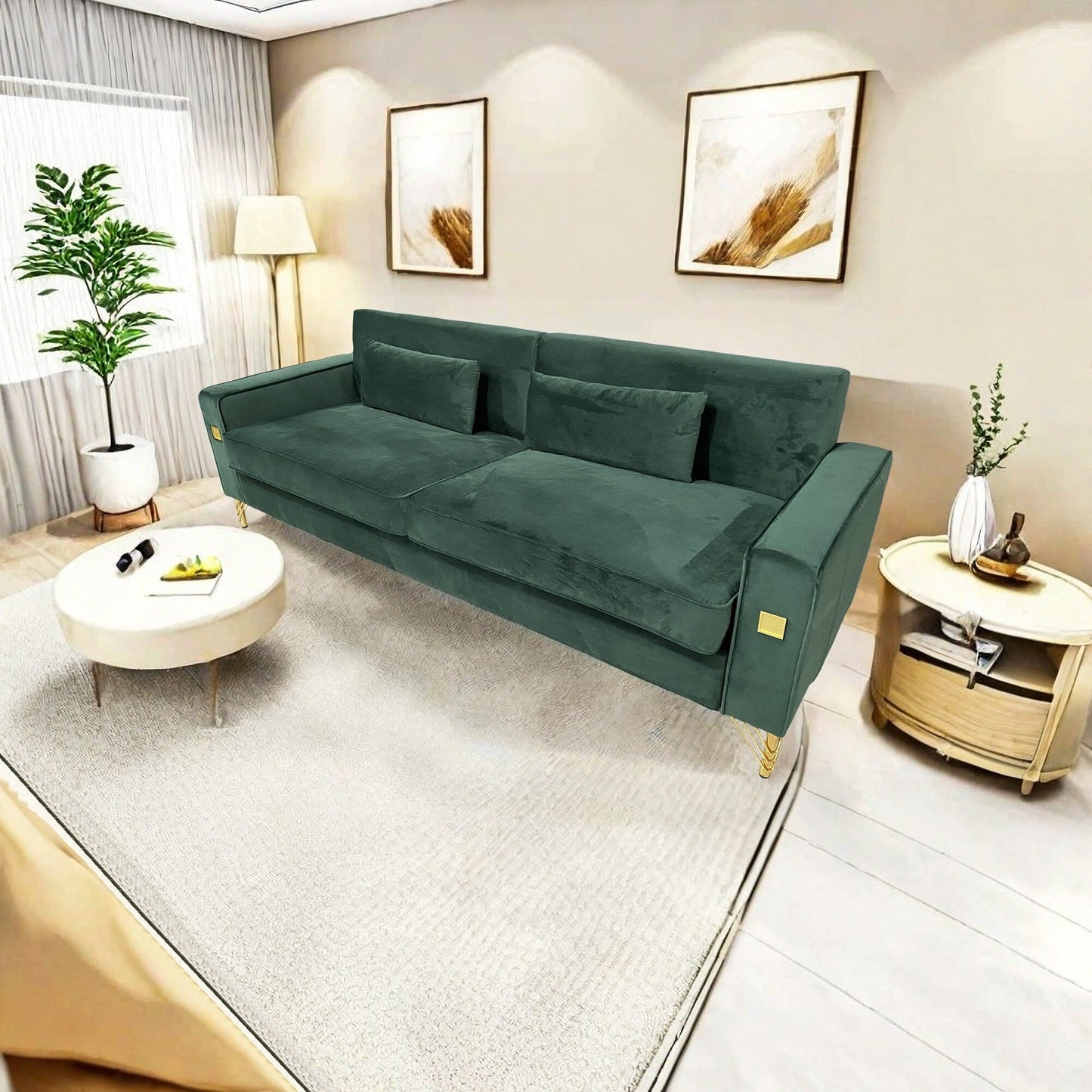 Canapé 3 places en velours vert rétro moderne 85,63 avec touches dorées et coussins moelleux pour le salon