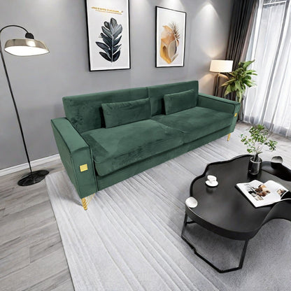 Canapé 3 places en velours vert rétro moderne 85,63 avec touches dorées et coussins moelleux pour le salon