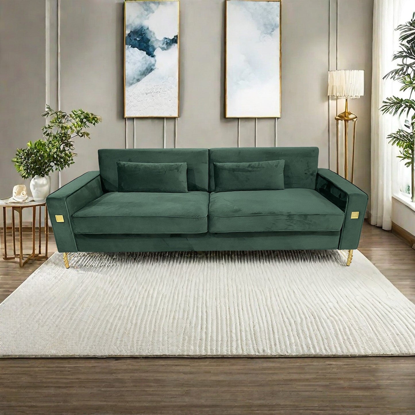 Canapé 3 places en velours vert rétro moderne 85,63 avec touches dorées et coussins moelleux pour le salon