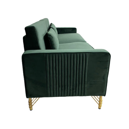 Canapé 3 places en velours vert rétro moderne 85,63 avec touches dorées et coussins moelleux pour le salon