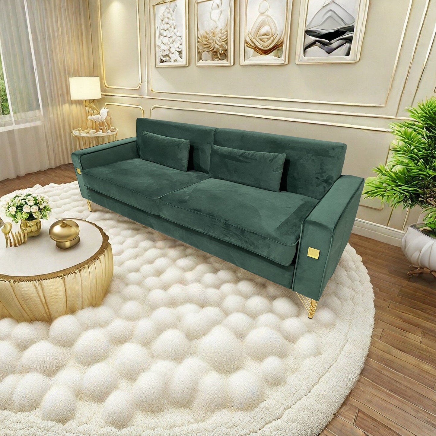 Canapé 3 places en velours vert rétro moderne 85,63 avec touches dorées et coussins moelleux pour le salon