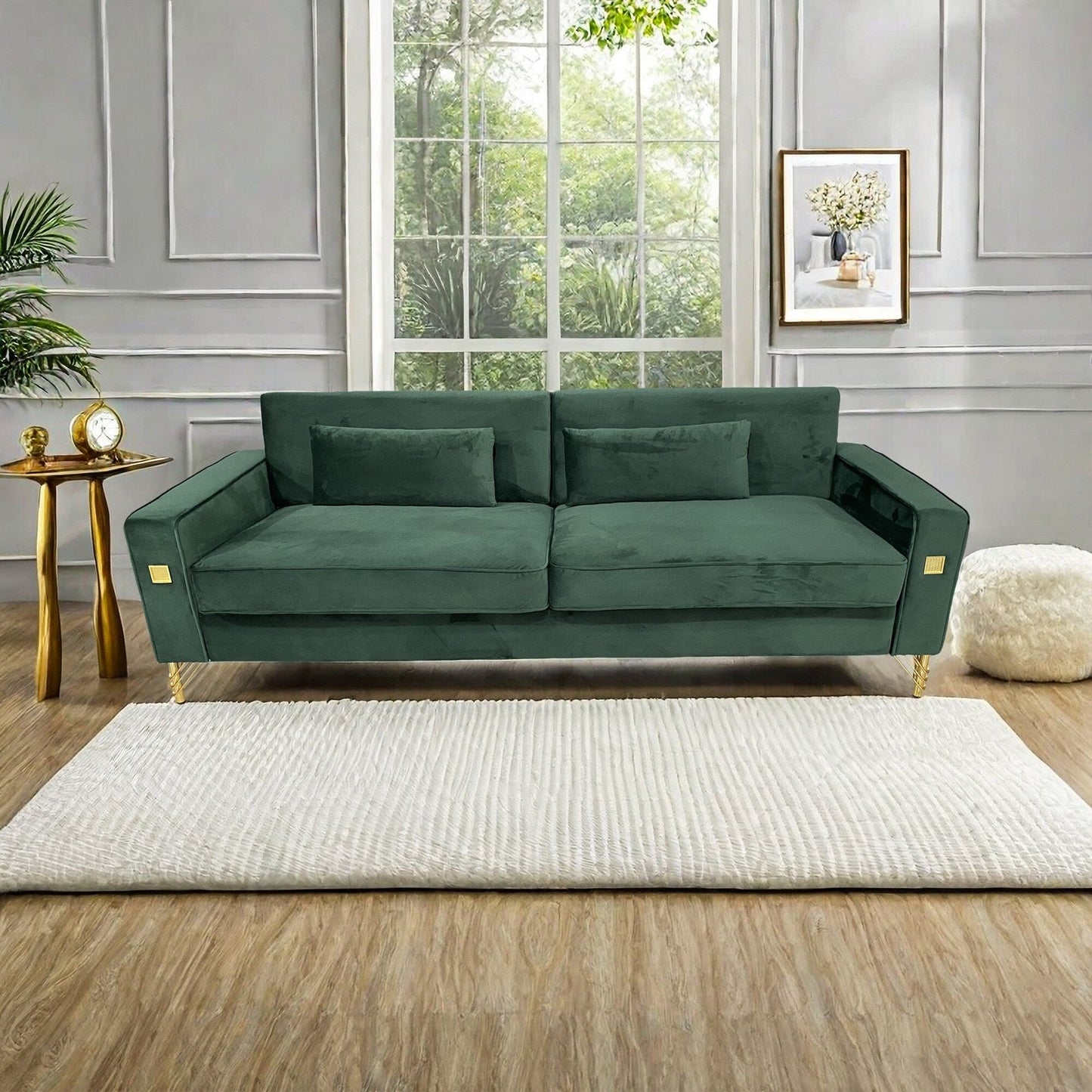 Canapé 3 places en velours vert rétro moderne 85,63 avec touches dorées et coussins moelleux pour le salon