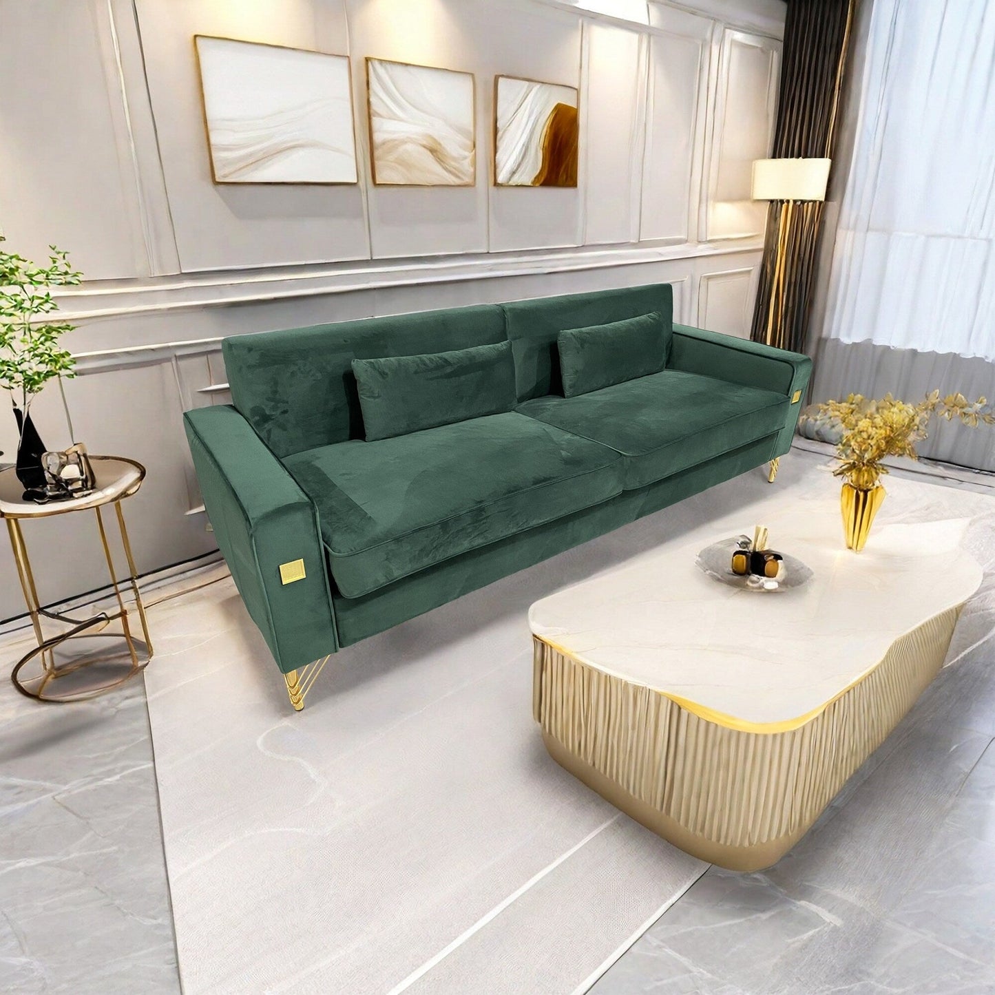 Canapé 3 places en velours vert rétro moderne 85,63 avec touches dorées et coussins moelleux pour le salon