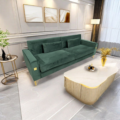 Canapé 3 places en velours vert rétro moderne 85,63 avec touches dorées et coussins moelleux pour le salon