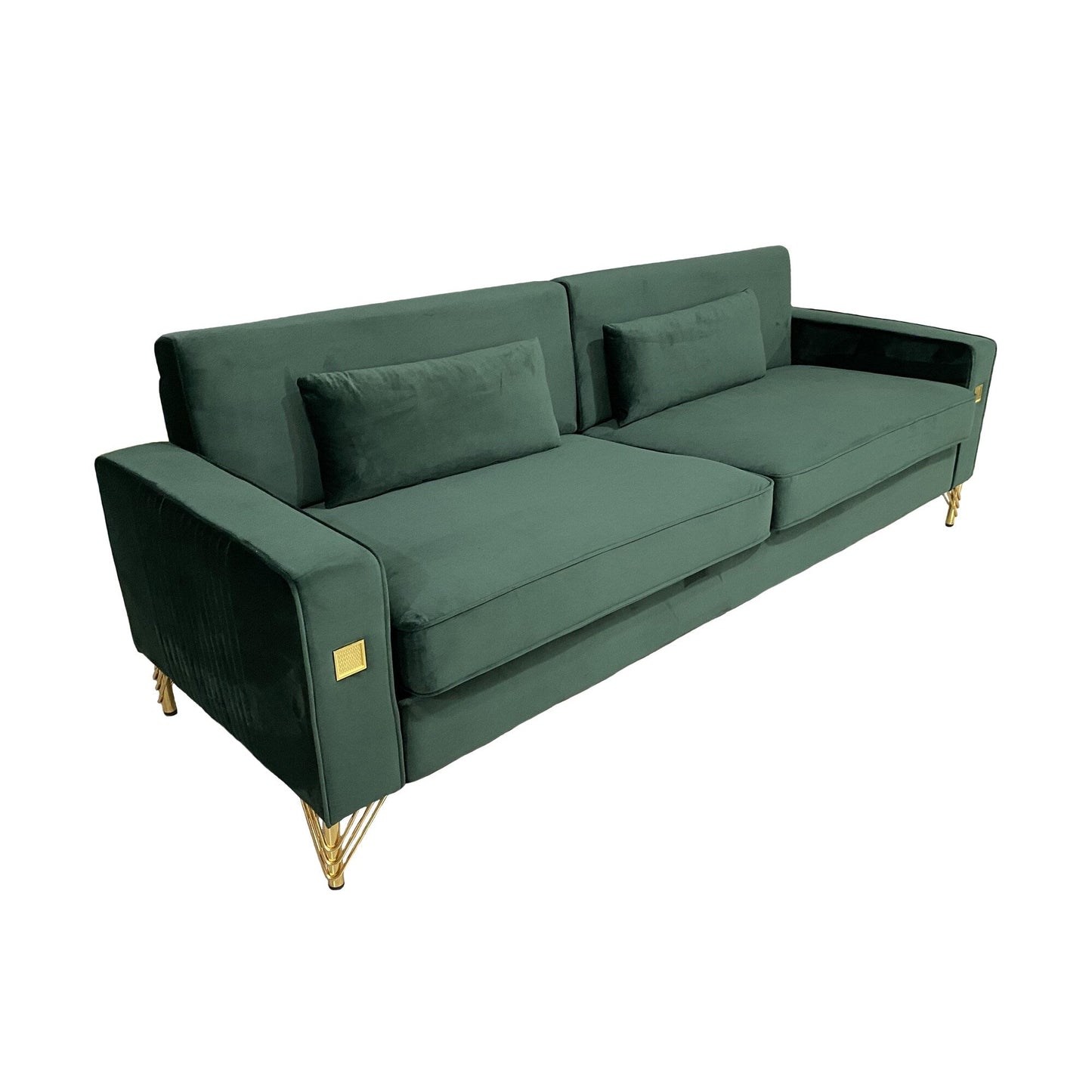 Canapé 3 places en velours vert rétro moderne 85,63 avec touches dorées et coussins moelleux pour le salon