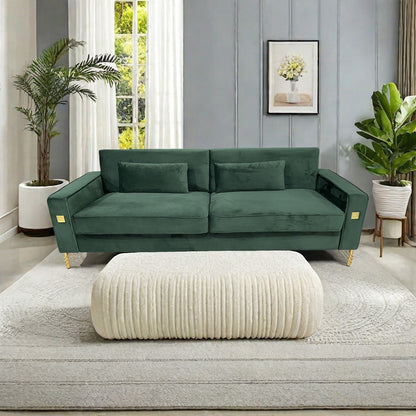 Canapé 3 places en velours vert rétro moderne 85,63 avec touches dorées et coussins moelleux pour le salon