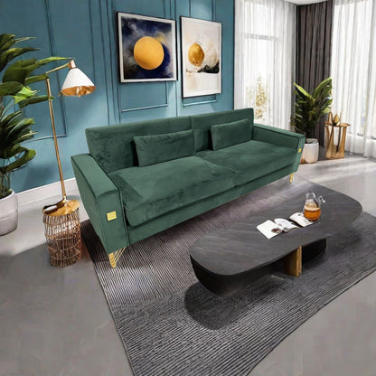 Canapé 3 places en velours vert rétro moderne 85,63 avec touches dorées et coussins moelleux pour le salon