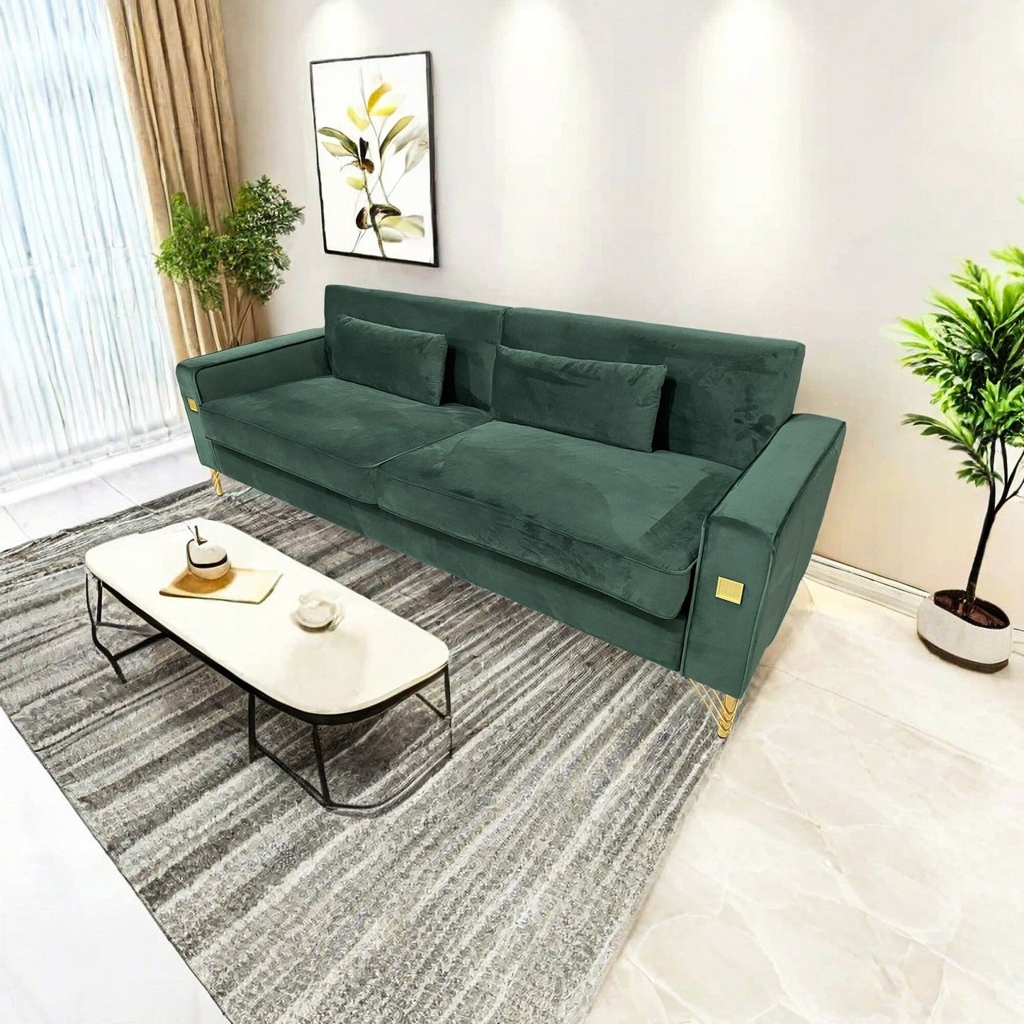 Canapé 3 places en velours vert rétro moderne 85,63 avec touches dorées et coussins moelleux pour le salon