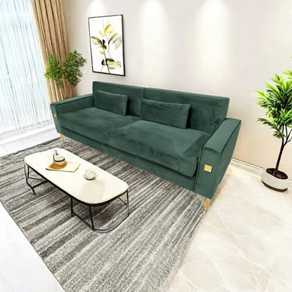 Canapé 3 places en velours vert rétro moderne 85,63 avec touches dorées et coussins moelleux pour le salon
