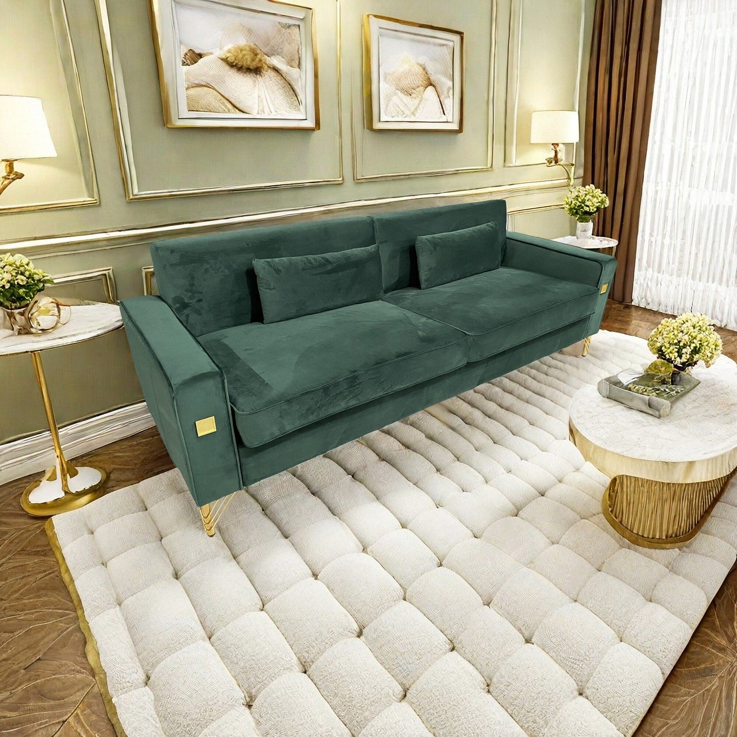 Canapé 3 places en velours vert rétro moderne 85,63 avec touches dorées et coussins moelleux pour le salon