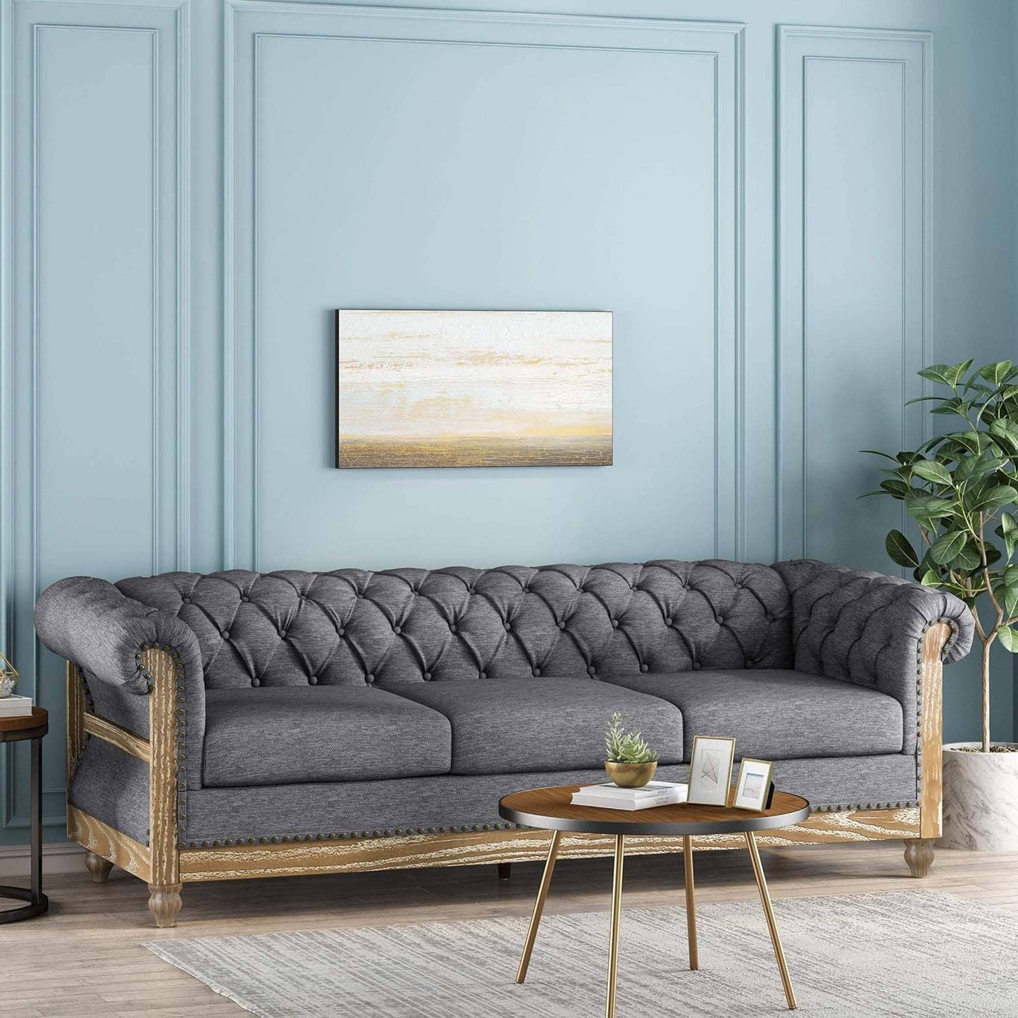 Canapé Chesterfield 3 places capitonné à boutons de style rétro 85,5 avec pieds en bois pour le salon