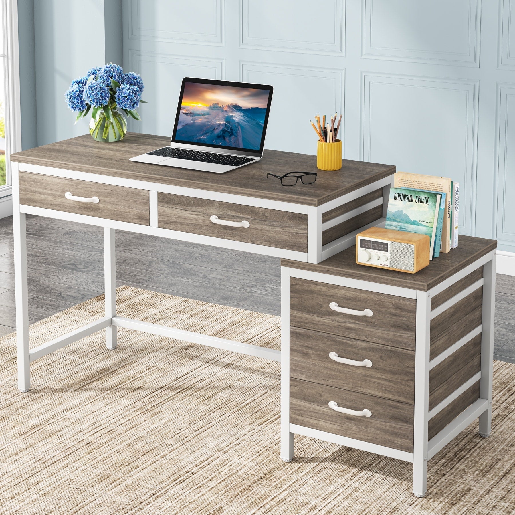 Bureau d'ordinateur réversible avec 5 tiroirs, bureau à domicile avec classeur, tiroir et support d'imprimante