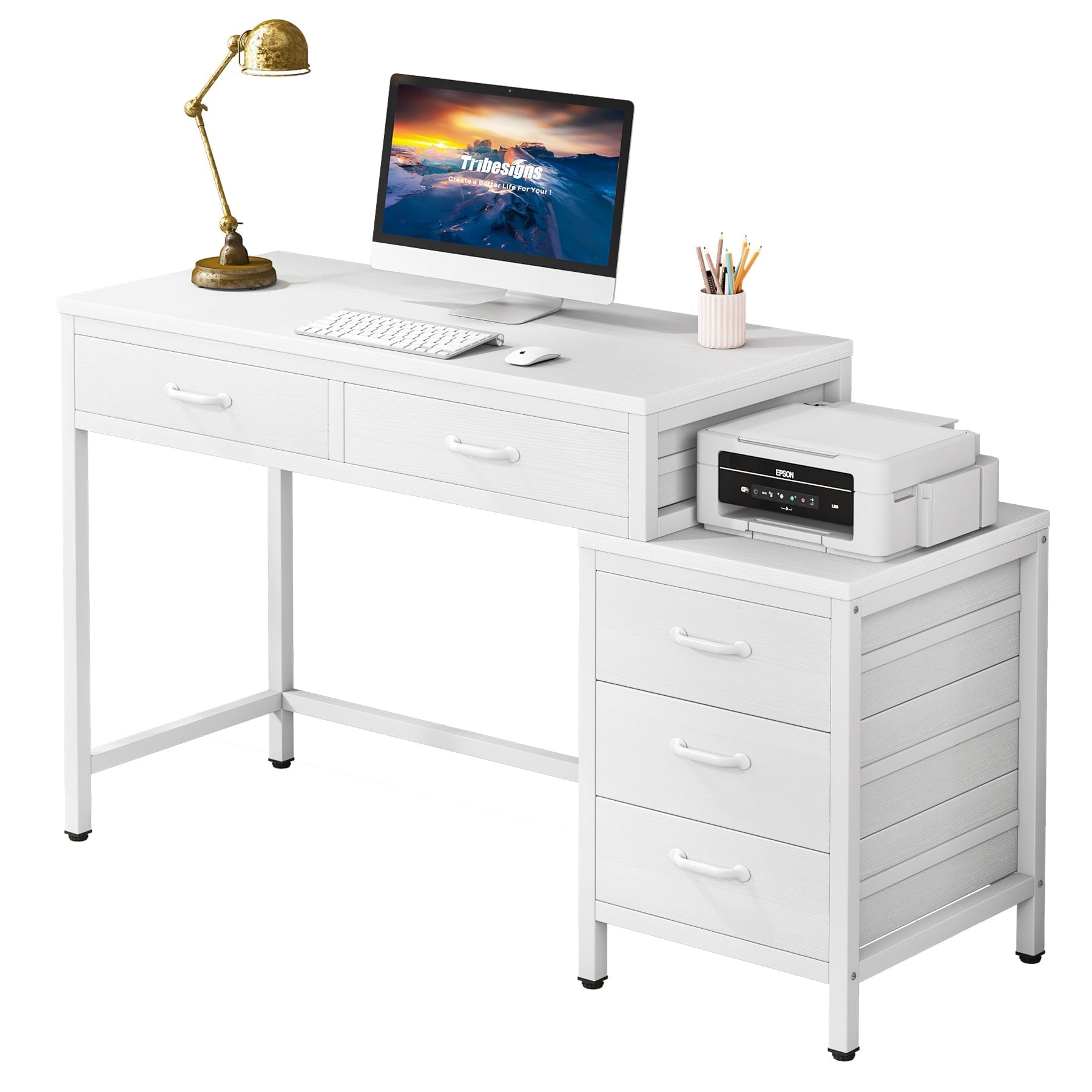 Bureau d'ordinateur réversible avec 5 tiroirs, bureau à domicile avec classeur, tiroir et support d'imprimante