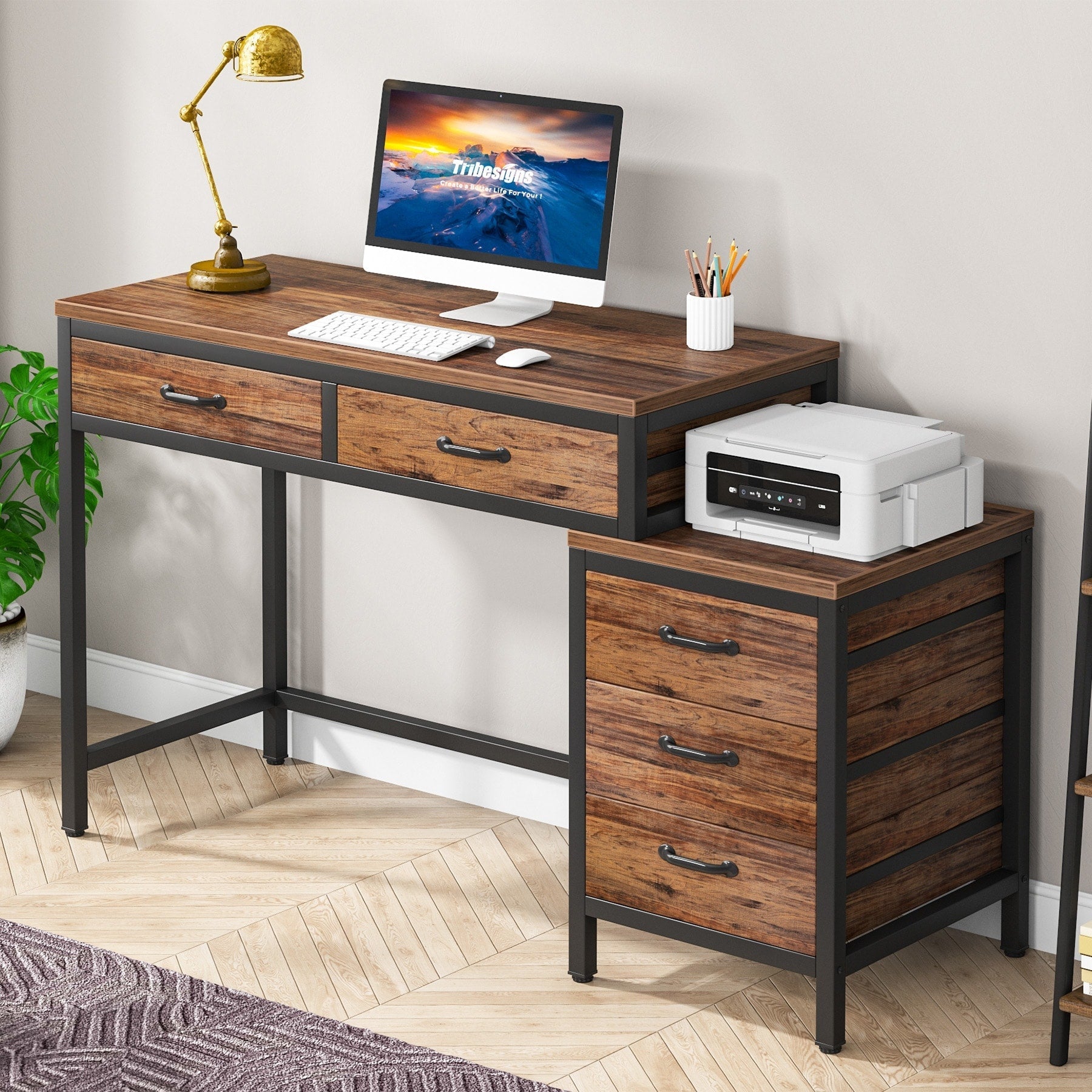 Bureau d'ordinateur réversible avec 5 tiroirs, bureau à domicile avec classeur, tiroir et support d'imprimante