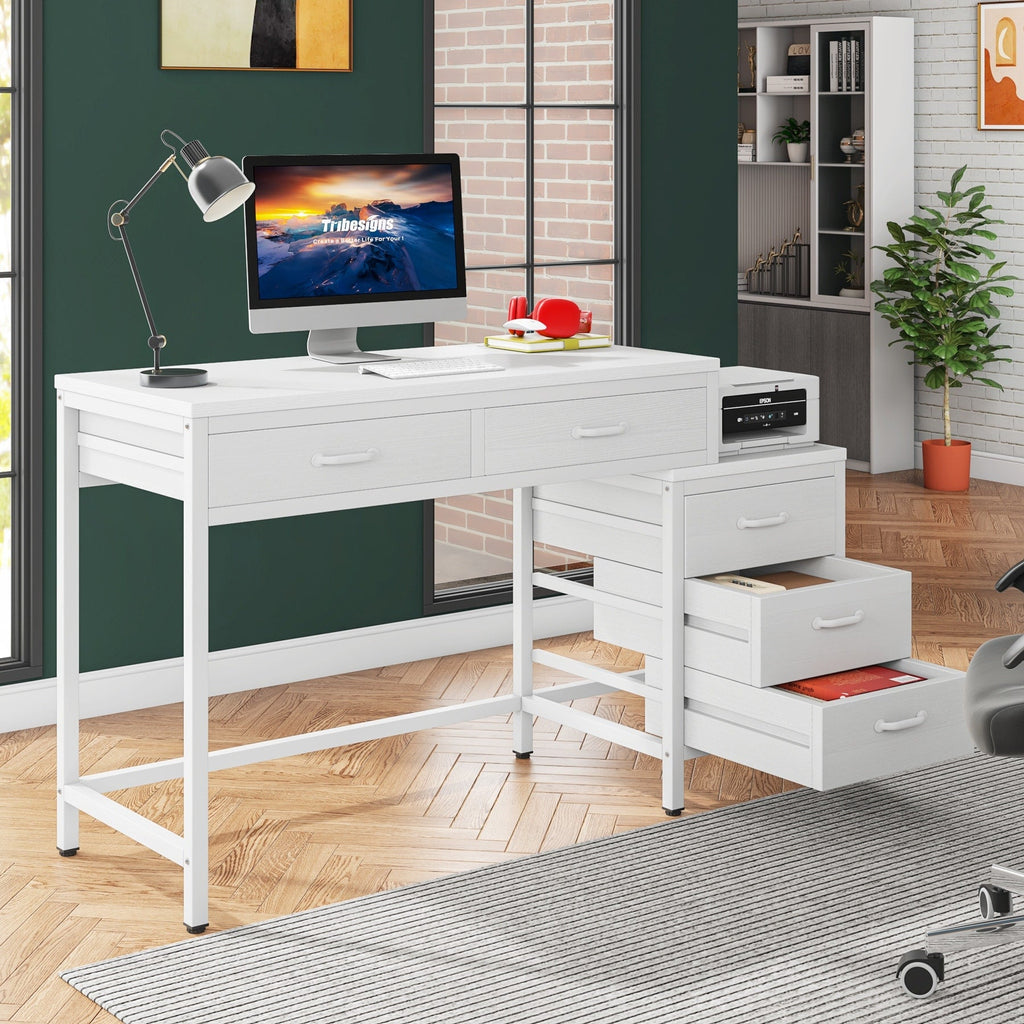 Bureau d'ordinateur réversible avec 5 tiroirs, bureau à domicile avec classeur, tiroir et support d'imprimante