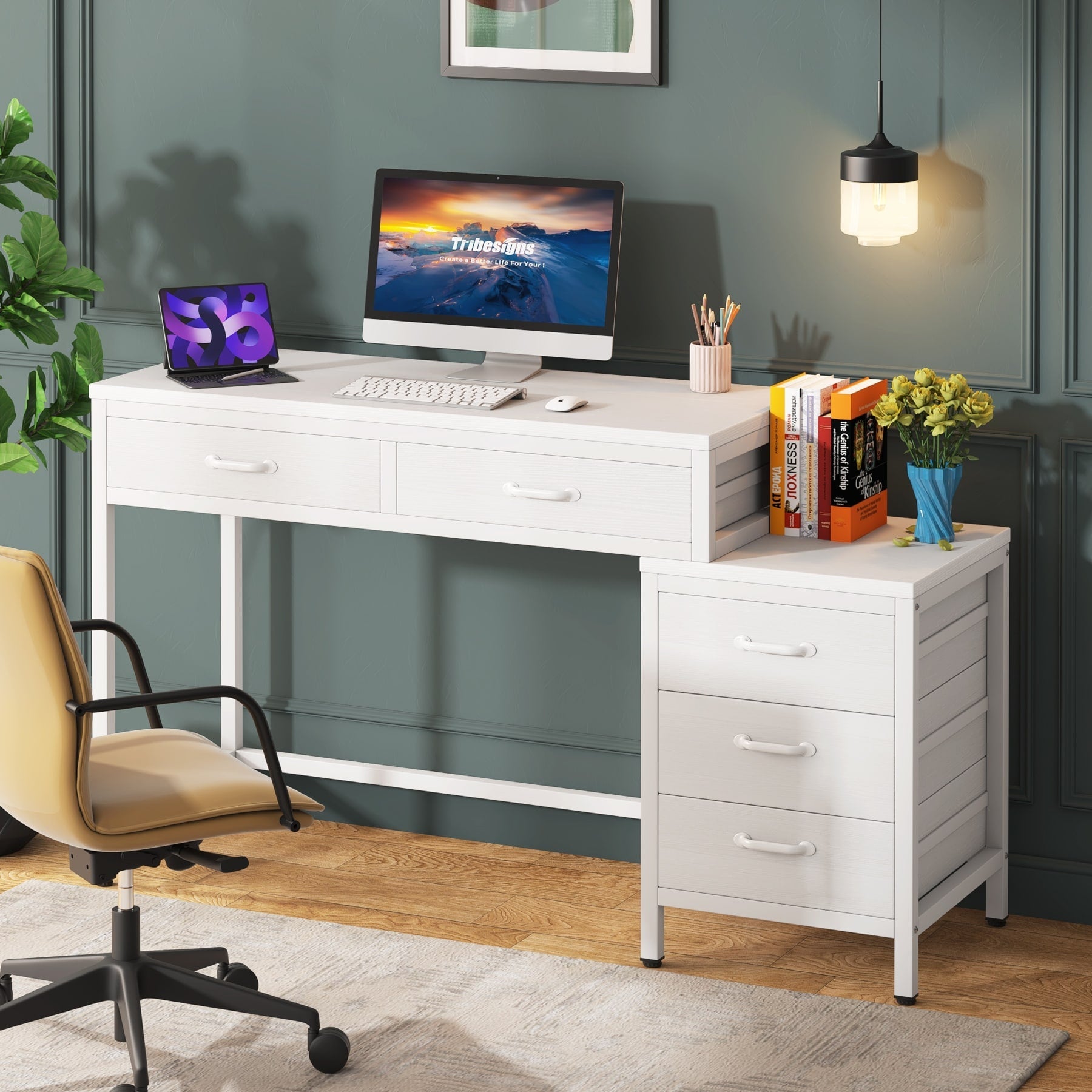 Bureau d'ordinateur réversible avec 5 tiroirs, bureau à domicile avec classeur, tiroir et support d'imprimante