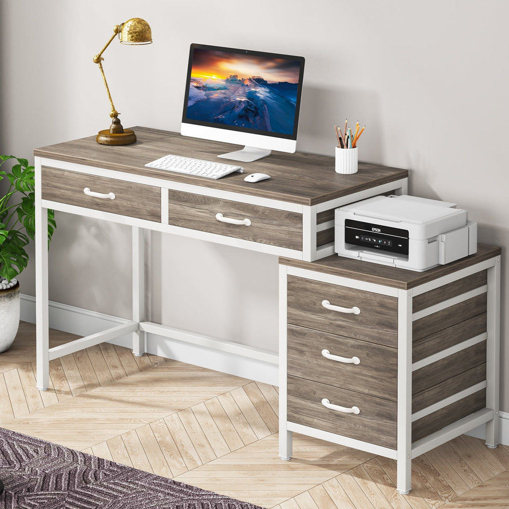 Bureau d'ordinateur réversible avec 5 tiroirs, bureau à domicile avec classeur, tiroir et support d'imprimante