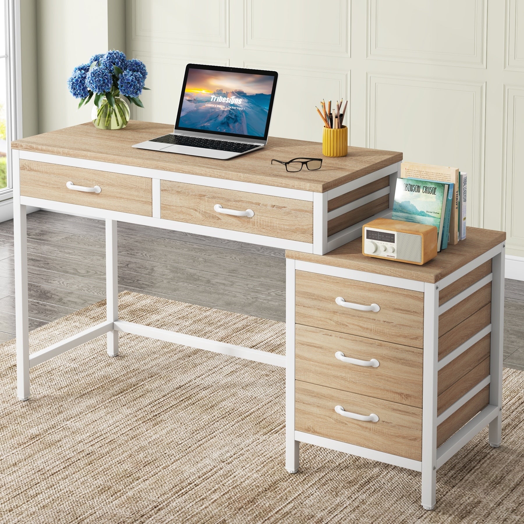 Bureau d'ordinateur réversible avec 5 tiroirs, bureau à domicile avec classeur, tiroir et support d'imprimante