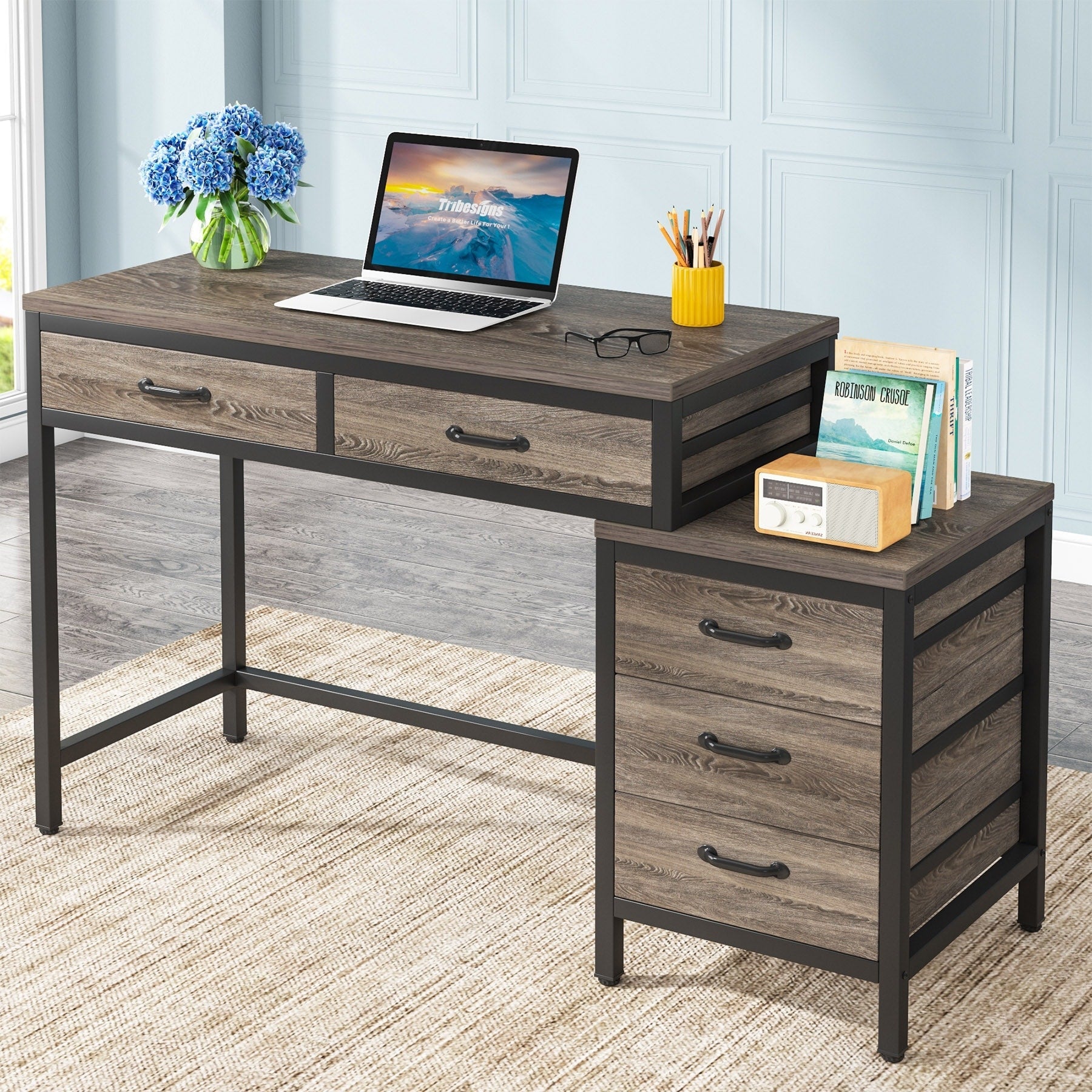 Bureau d'ordinateur réversible avec 5 tiroirs, bureau à domicile avec classeur, tiroir et support d'imprimante