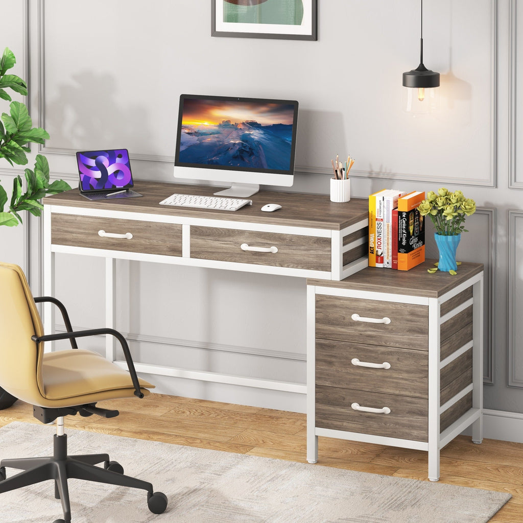Bureau d'ordinateur réversible avec 5 tiroirs, bureau à domicile avec classeur, tiroir et support d'imprimante