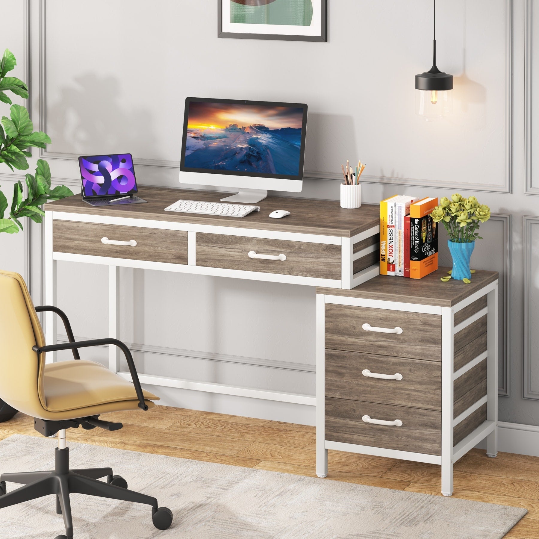 Bureau d'ordinateur réversible avec 5 tiroirs, bureau à domicile avec classeur, tiroir et support d'imprimante